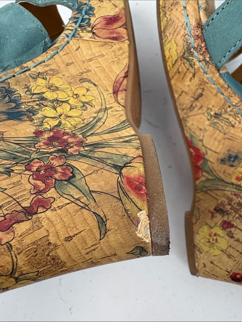🫒 boc Teal Open-Toe Slingback Wedge Sandals with Floral Cork Heel